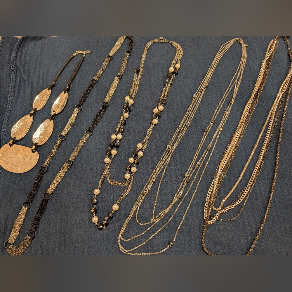 Set of 5 Silver and Black Tone Necklaces